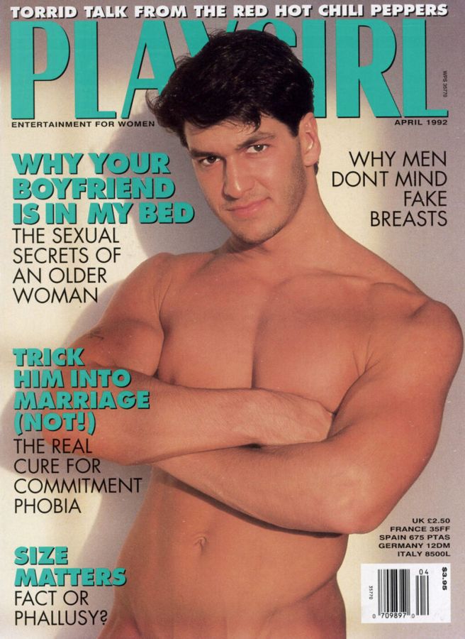 Magazine cover with the title Playgirl in teal, showing a muscular dark-haired man with folded arms, and cover lines including Size Matters Fact or Phallusy