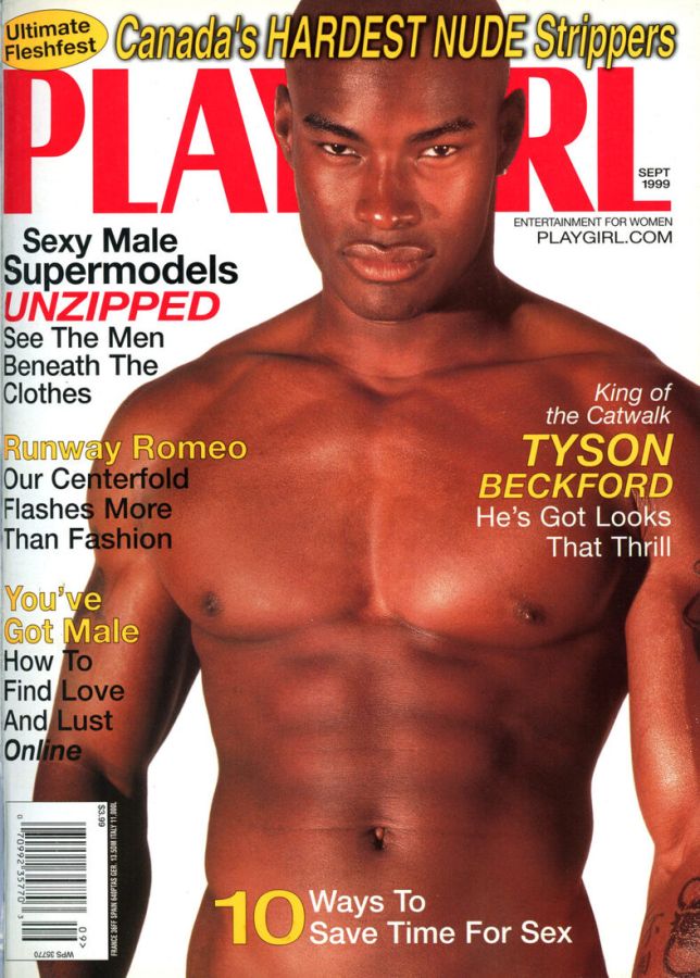 Magazine cover with the title Playgirl in red, showing the bare torso of the model Tyson Beckford, with cover lines about male supermodels