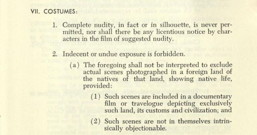 Printed page of a rulebook with the heading VII. Costumes and the rule that complete nudity, in fact or in silhouette, is never permitted
