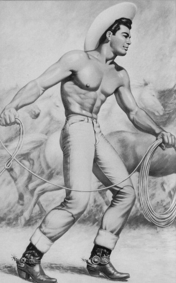 Painting of a muscular shirtless cowboy in jeans and spurred boots walking forward with a lasso, horses running in the background