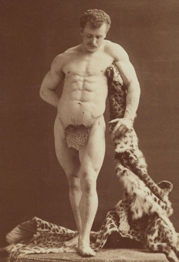 Sepia cabinet card of Eugen Sandow standing nude except for a fig leaf, posed as the Farnese Hercules, with a leopard skin draped over a support beside him