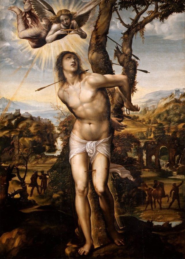 A nearly naked man in a loincloth tied to a tree, an arrow through his neck, looking up at an angel descending with a crown, a wide landscape behind