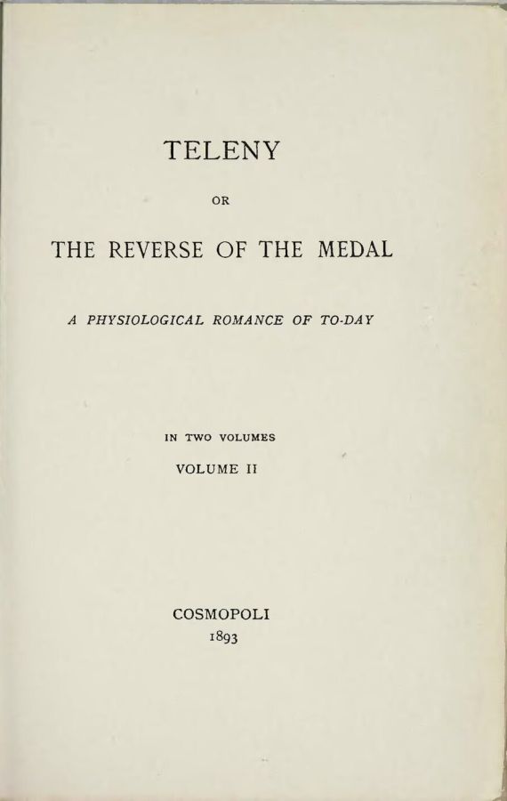 Book title page reading Teleny or The Reverse of the Medal, A Physiological Romance of To-day, in two volumes, Volume II, Cosmopoli 1893