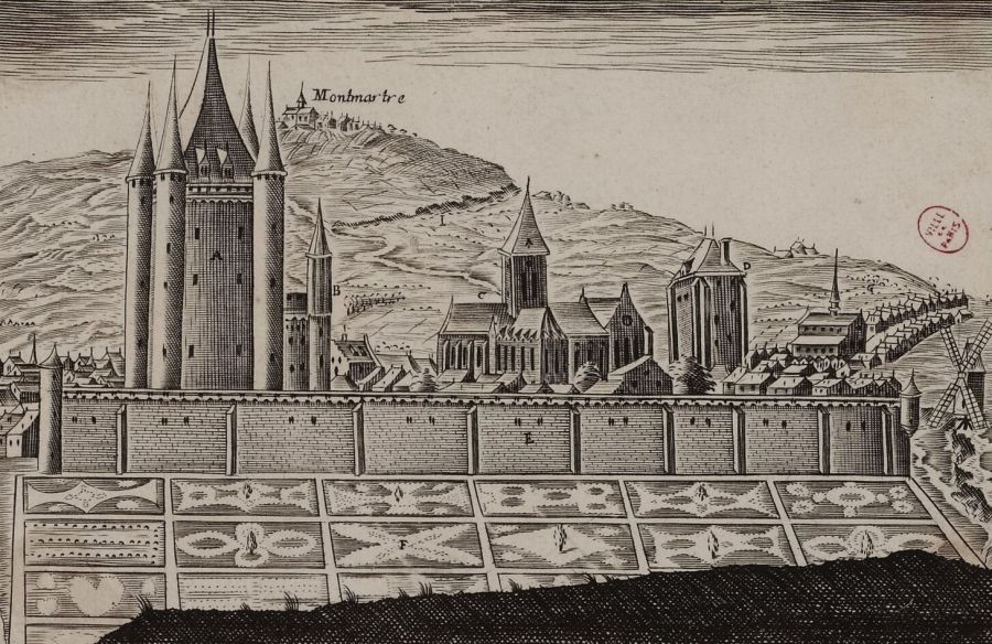 Etching of a walled medieval enclosure with a tall turreted keep, a church and other buildings, with formal gardens in front and the hill of Montmartre behind