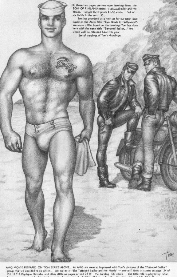 Pencil drawing of a tattooed sailor in a white cap and tight swimming briefs standing on a beach, with two men in leather jackets and caps leaning on a motorcycle behind him