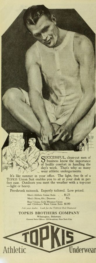 Magazine advertisement showing a muscular man in a white sleeveless athletic union suit sitting on the floor and pulling on a sock, above the brand name Topkis Athletic Underwear
