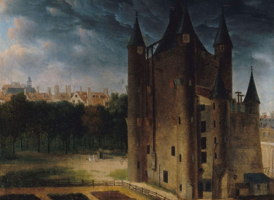 Painting of a tall dark medieval keep with pointed corner turrets, standing beside gardens and a row of trees under a stormy sky