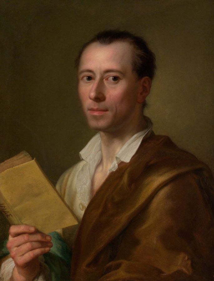 Oil portrait of a man with dark short hair, wearing an open white shirt and a brown cloak, holding an open book