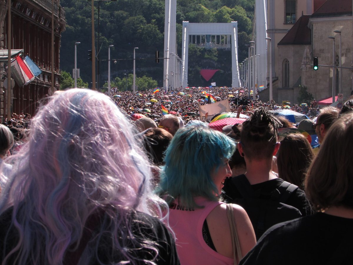 A huge crowd crossing Elisabeth Bridge during Budapest Pride 2025