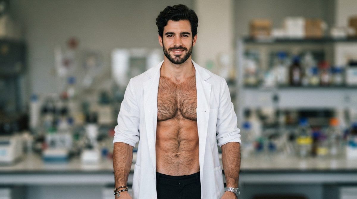 A smiling man in an open lab coat in a laboratory