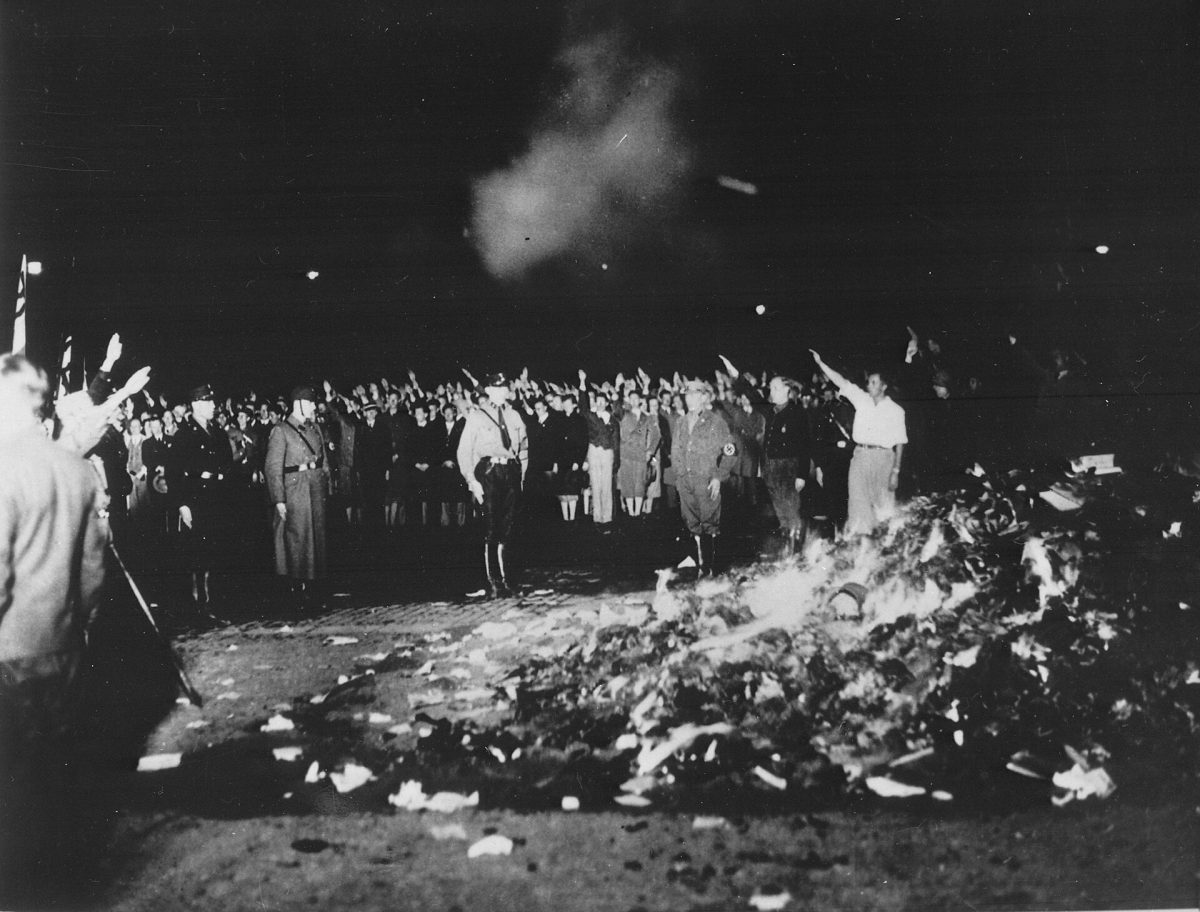 Crowd around a bonfire of books at night in Berlin, May 1933