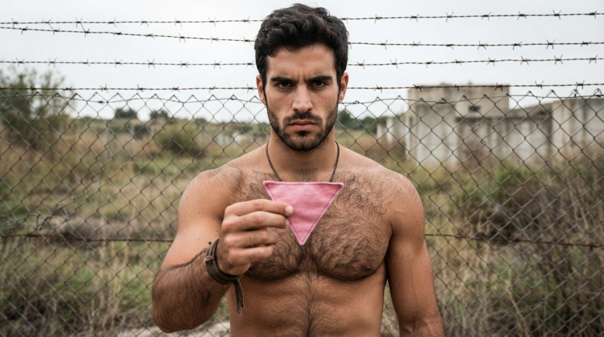 A man holding a pink triangle in front of a barbed wire fence