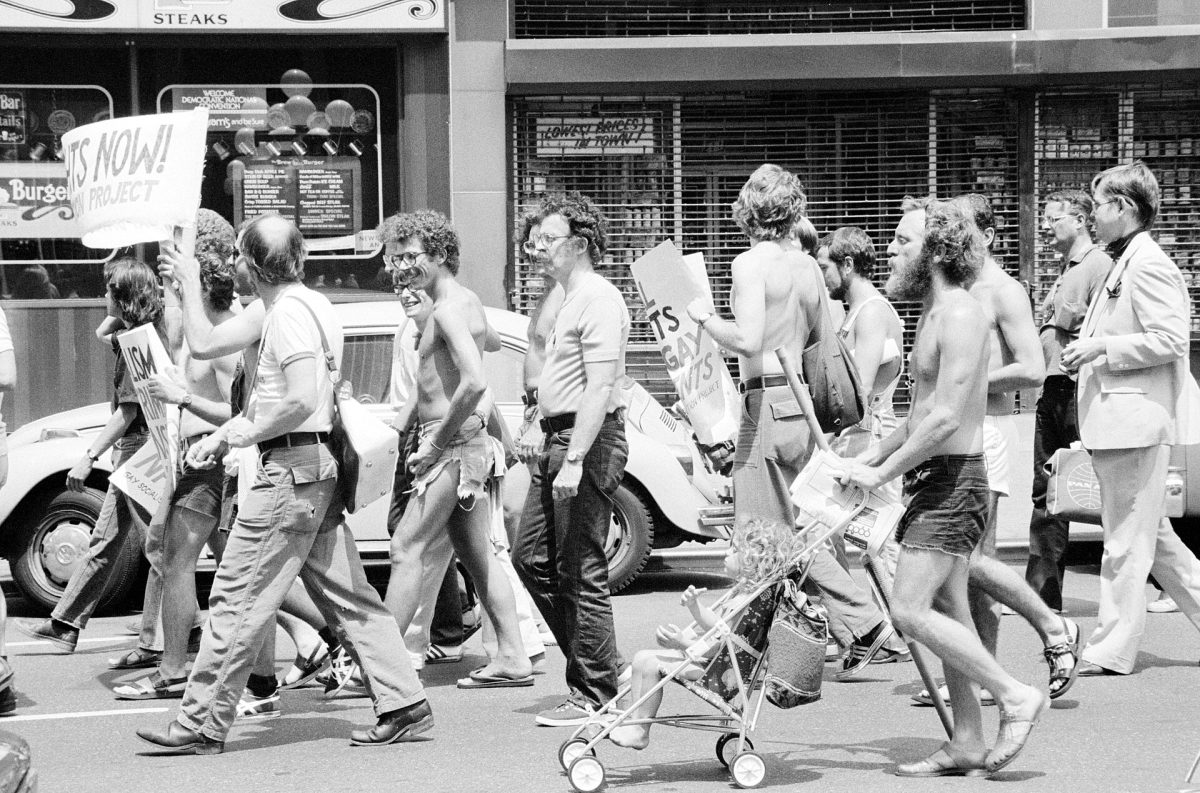 Gay rights demonstrators marching in a New York street, 1976